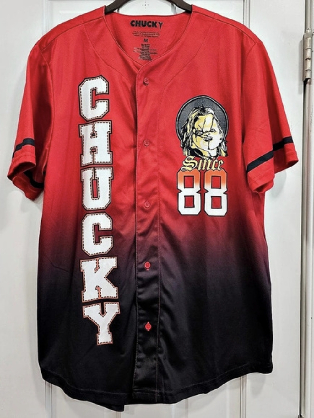 Chucky Baseball Jersey Med Red Black Ombre Gradient Wanna Play Since 88 Horror
